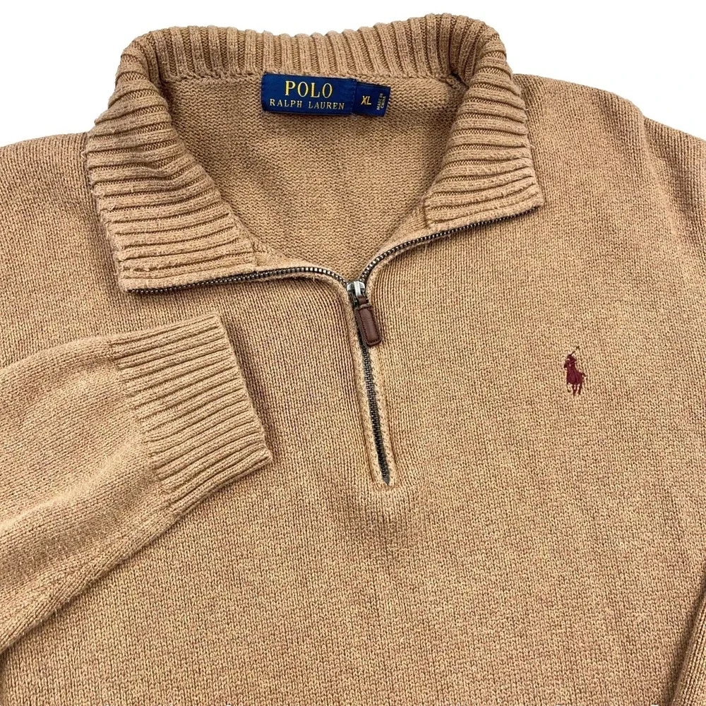 Polo Ralph Lauren Sweater Men XL Brown Pullover Heavy Knit Quarter Zip Ribbed
